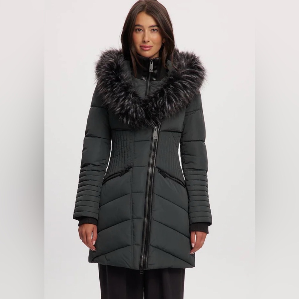 NOIZE Cruelty-Free Long Puffer Coat with Faux Fur Trim – Dark Green, Women’s M